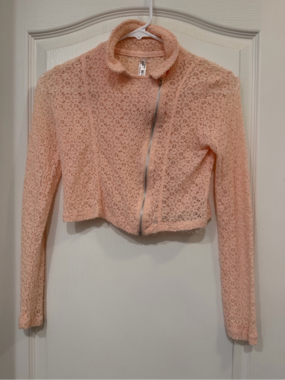 Knit Works Blush Floral Lace Cropped Moto Jacket Asymmetrical Zip